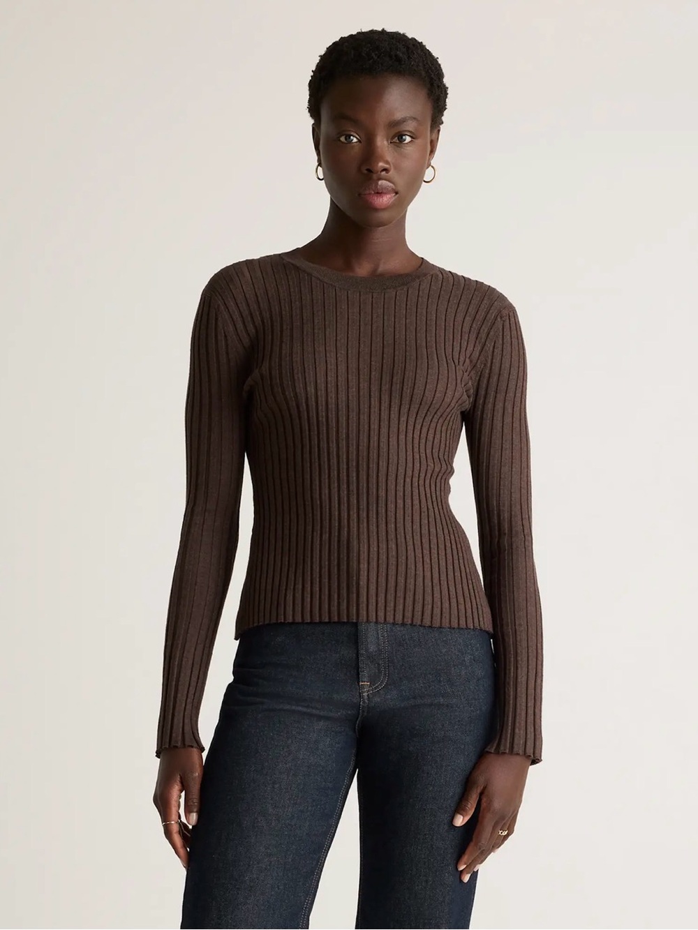 Quince mocha heather cotton cashmere ribbed sweater. Size XS.